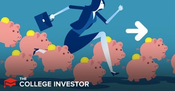 A dynamic illustration depicts a professional woman, dressed in a dark blue suit jacket and skirt, with black hair, energetically running forward while holding a briefcase. She is shown in profile against a deep blue background. Below her, several light pink piggy banks are scattered, each with a gold coin resting on its back, symbolizing savings and high-yield accounts. The woman's stride suggests she is moving quickly past these opportunities, with one of her feet appearing to step over a piggy bank. A large white arrow on the right side of the image points to the right, reinforcing the sense of forward momentum and progress, potentially towards financial goals or better banking options. In the bottom left corner, the text "THE COLLEGE INVESTOR" is prominently displayed in white, indicating the source or focus of the financial content. This image effectively visualizes the pursuit of maximizing funds and finding competitive interest rates, a key theme in the accompanying article about Quontic Bank's checking and savings accounts.