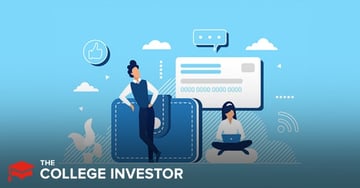 A modern, illustrative image on a blue background depicts concepts related to financial management, spending, and saving, directly aligning with the article's review of the Douugh app. On the left, a stylized person, dressed in a vest and collared shirt, leans casually against a large, open blue wallet, symbolizing budgeting and money management. Above them, a "thumbs up" icon suggests positive financial outcomes or user satisfaction. To the right, another person sits cross-legged, focused on a laptop, representing online or app-based financial activity and the digital nature of tools like Douugh. Behind them, a white credit or debit card with generic numbers signifies banking and spending, while a speech bubble implies communication or AI interaction. Various cloud and network icons further emphasize the digital, AI-driven aspects of the Douugh app, highlighting its aim to simplify financial goals without headaches. The "The College Investor" logo is prominently displayed in the bottom left corner.