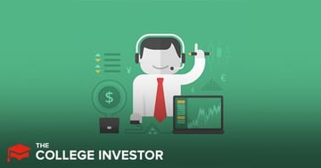 The image features a cartoon illustration of a financial broker, representing Tradier Brokerage, against a dark green background. The broker, a faceless figure with light gray skin, wears a white shirt, red tie, and a headset with a microphone, suggesting a focus on customer service and active trading. He is pointing upwards with a pen, surrounded by various financial symbols: a dollar sign within a circular magnifying glass, a briefcase, a stacked document icon, Japanese yen symbols, a candlestick chart, and a euro sign. To the right, a laptop displays a green line graph, symbolizing online trading and market analysis. At the bottom left, "THE COLLEGE INVESTOR" is displayed in white text. This visual cues highlight Tradier's offerings, including commission-free options trading, advanced order capabilities, and deep research tools, catering to sophisticated investors and developers who utilize their API services.