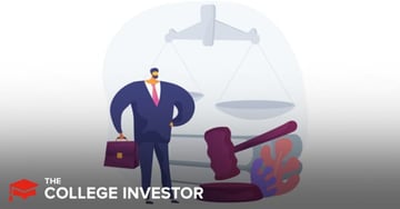 LexShares Review This digital illustration depicts a smartly dressed man, likely representing a lawyer or investor, holding a briefcase and standing beside prominent symbols of the legal system. Behind him, a large scale of justice hangs, perfectly balanced, while a gavel rests on the ground to his right, next to some stylized leaves or paperwork. The image uses a muted color palette with shades of blue, purple, and grey, conveying a serious yet approachable tone. This visual perfectly encapsulates the article's focus on LexShares and litigation finance, an investment opportunity typically limited to lawyers and hedge funds, now opening its doors to high-net-worth individuals. The man and legal symbols collectively illustrate the specialized and often complex world of legal investments discussed in the content.