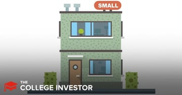 SMBx Review A vibrant cartoon illustration depicts a small, two-story green building with a prominent orange sign on the roof that reads "SMALL," signifying a small business. The building has a modern, minimalist design with several windows showcasing a simple interior, and a dark brown front door with a circular window. Two small green bushes with abstract yellow spots flank the building, sitting on a dark grey ground. In the bottom left corner, "THE COLLEGE INVESTOR" is written in bold white letters, reinforcing the article's focus on peer-to-peer lending and investment opportunities for individuals in small businesses like the one shown, particularly through platforms like SMBx.