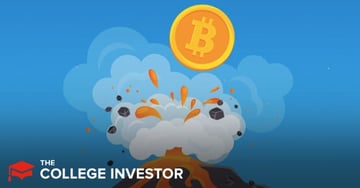 An animated illustration depicts a volcano erupting with a large, golden Bitcoin symbol soaring above the explosion, set against a bright blue sky. The volcano's peak is dark grey, and the eruption features a mixture of white smoke, orange lava fragments, and dark grey ash spewing outwards. The prominent Bitcoin coin, circular and gold with a bold 'B' and two vertical lines, is positioned centrally above the volcanic plume, symbolizing the explosive growth and impact of cryptocurrencies like Bitcoin on the financial world. In the bottom left corner, the logo for "The College Investor" is visible, featuring a red graduation cap with a subtle graph line beneath it, suggesting the article's focus on financial education and investing in crypto assets. This image visually represents the exciting and sometimes volatile nature of investing in cryptocurrency, aligning with the article's discussion of Bitfinex as a professional crypto trading platform and the high-risk, high-reward landscape of digital assets for traders outside the US.