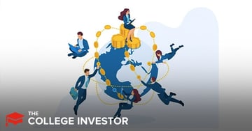 This image features a global investing concept, centered around a blue and yellow stylized world map, symbolizing the reach and accessibility of J.P. Morgan Self-Directed Investing. Several animated figures in business attire are actively engaging with the world, some appearing to fly or float around it, suggesting the ease and freedom of a commission-free trading platform. Golden coin symbols are scattered across the map, representing financial growth and investment opportunities. The top of the image prominently displays "J.P. Morgan Self-Directed Investing App Review" in bold red and black text, directly referencing the article's focus on the J.P. Morgan Self-Directed Investing app, which competes with platforms like Robinhood, Fidelity, and Schwab in the market for free trading and high-value brokerage accounts.