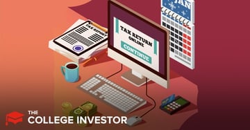An isometric digital illustration depicts a streamlined, modern online tax filing setup, emphasizing the convenience of tax software and virtual CPA services like Taxhub. A desktop monitor prominently displays "TAX RETURN ONLINE" with a "CONTINUE" button, signifying easy navigation for tax filers. To the left, a stack of "TAX REPORT" documents with a pen suggests the paperwork involved in tax preparation, while a light blue mug of coffee indicates a typical home office environment. A keyboard and mouse are positioned in front of the monitor. Below the desk, neatly stacked coins and paper money reinforce the financial aspect of tax returns. On the right, a calendar showing "JAN" with snowflakes symbolizes the tax season. Below the calendar is a card reader and a credit card, further illustrating digital financial transactions. The overall image highlights the transition to efficient, low-cost online tax solutions and dedicated CPA assistance as discussed in "The College Investor" article.