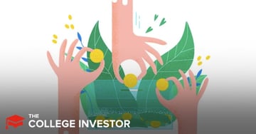 This vibrant illustration depicts three hands, reaching from different angles to deposit golden coins into a transparent piggy bank or container, symbolizing investment and wealth accumulation. The hands are a light skin tone, and the coins are bright yellow, suggesting a valuable asset like cryptocurrency or other financial investments. Lush green leaves and small yellow specks, possibly representing growth or additional coins, surround the central image against a clean white background. In the bottom left corner, the red and white logo for "THE COLLEGE INVESTOR" is visible, grounding the image within the context of the article about the Delta App, an all-in-one investment and crypto tracker. This visual effectively represents the act of diversifying investments, including blockchain-based cryptocurrency, ETFs, commodities, and Forex, as discussed in the accompanying article on portfolio analysis tools.