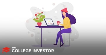 TWFBBETTERSURVEY This illustrative graphic, titled "Support From Parents Survey," depicts a millennial woman with long purple hair, wearing a yellow long-sleeved shirt, purple pants, and a red beanie, sitting at a dark purple desk. She is holding a red mug in her left hand, looking at a laptop displaying a survey or questionnaire with red and white elements. A potted plant with red flowers sits on the desk to her left. The image, set against a light gray, abstract background, visually represents the topic of millennials receiving financial and other forms of support from their parents, especially in the context of the economic challenges highlighted in the article, such as those related to the pandemic and millennial net worth. The image serves as a visual introduction to the survey findings discussed in the article from "The College Investor."