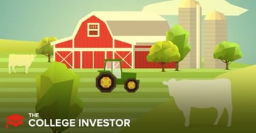 A vibrant, low-polygon style illustration depicts a quintessential American farmland scene, directly correlating with the article's focus on farmland investing. In the foreground, a bright green tractor with large, yellow-rimmed wheels sits on a striped green field, suggesting agricultural activity. Behind it, a classic red barn with white trim and a grey roof stands prominently, flanked by two tall, light grey silos, emphasizing the real estate aspect of farmland. Several cows, depicted as light green silhouettes, graze peacefully in the fields, highlighting the agriculture exposure investors can gain. The background features rolling green hills and a light blue sky with fluffy white clouds, completing the idyllic rural setting. The "The College Investor" logo is visible in the bottom left, branding the image for an article about the unique tax considerations for farmland investors.