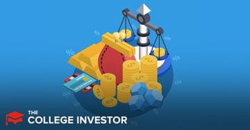 Next Gen FSA An isometric illustration on a vibrant blue background depicts various financial elements, symbolizing the complexities and aspirations of the Next Gen FSA for federal student loans. On the right, a classic silver scale balances two small piles of gold coins, hinting at the weighing of financial options and the pursuit of fair servicing. To the left of the scale, a large stack of gold bars sits alongside several tall, cylindrical stacks of gold coins with dollar signs, representing accumulated wealth and the financial burden or repayment of student loans. A blue credit card is partially visible underneath these assets. Scattered around the scene are white percentage signs, emphasizing interest rates and financial calculations. The bottom left corner features "THE COLLEGE INVESTOR" logo in white, directly linking the image to the article's focus on student loan management and investment strategies.