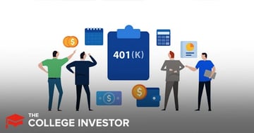 An illustrative image representing a 401k review for small to medium-sized businesses, featuring four stylized figures. Two figures on the left, one in a green shirt and one in a dark suit, appear to be observing a large blue clipboard prominently displaying "401(K)" in white text, symbolizing retirement plans. Above the clipboard, there are icons for money (gold coins), a calendar, and a calculator, all representing financial planning and management. Below the clipboard, there's a dollar bill and a wallet with a gold coin, indicating fees and savings. Two figures on the right, one in a grey suit and another in a blue shirt, are engaged in what appears to be a discussion related to investment options. The overall image, titled "The College Investor," visually conveys the concept of low-cost 401k providers like Employee Fiduciary, catering to companies with around 30 employees or less, emphasizing the accessibility of retirement plans for small businesses.