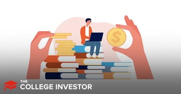 Edly IBR Loan Review A digitally illustrated graphic depicting the concept of student loans and income-based repayment options, featuring "The College Investor" logo in the bottom left corner. In the center, a young man with dark hair, wearing an orange sweater and blue jeans, sits casually on a stack of books while working on a laptop. The books beneath him are colored in shades of blue, orange, and gray, symbolizing education and knowledge. Two large, disembodied hands frame the central figure; the hand on the left holds a stack of gold coins, representing financial investment, while the hand on the right holds a single, large gold coin with a prominent dollar sign, symbolizing income or loan repayment. This visual metaphor illustrates the connection between investing in education through student loans and the potential for future earnings, directly relating to Edly's income-based student loans and income-sharing agreements discussed in the article.
