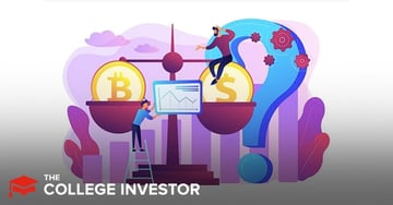 This vibrant illustration depicts a large balance scale weighing the values of Bitcoin (BTC) against the US Dollar ($), symbolizing the core theme of crypto lending and borrowing discussed in the article. On the left pan of the scale sits a large gold Bitcoin coin, while the right pan holds a gold US Dollar coin. A small figure on a ladder is meticulously adjusting a screen displaying a financial graph, positioned between the two pans, suggesting careful analysis of cryptocurrency markets. Another figure sits atop the US Dollar coin, looking apprehensive as they hold onto the scale's beam, conveying the inherent risks in crypto investments. A massive blue question mark with gears intertwined within it dominates the background on the right, further emphasizing the uncertainties and complex decisions involved in decentralized finance. The image effectively visualizes the comparison and potential volatility between traditional currency and digital assets like Bitcoin, directly relating to CoinRabbit's role as a crypto lending platform where investors and borrowers navigate these fluctuating values.