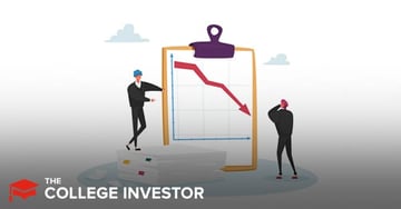Illustration of two investors analyzing a large clipboard featuring a graph with a sharp downward red arrow, symbolizing a stock market crash. One figure stands on a stack of papers pointing at the data, while the other watches with a hand on their head in distress. The image reflects the anxiety and planning required when facing potential portfolio losses and economic downturns. Source: The College Investor