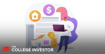 Trust & Will review This illustrative image, set against a subtle gradient background, depicts a man with a beard and dark hair, dressed in a white long-sleeved shirt and dark pants, holding a purple laptop. He stands amidst various elements symbolizing financial and estate planning, which directly relates to the article's focus on Trust & Will services. To his left, a paper with text lines represents legal documents like wills or trusts. In the foreground, a white house with an orange roof and purple windows sits next to a stack of gold coins, emphasizing assets and property. Above, a circular orange icon with a white house silhouette further reinforces real estate, while a purple circular icon with a white dollar sign highlights financial aspects. These visual cues collectively represent the process of securing assets and planning for the future, which is the core offering of Trust & Will for individuals and young families. The logo "THE COLLEGE INVESTOR" is prominently displayed in the bottom left corner.