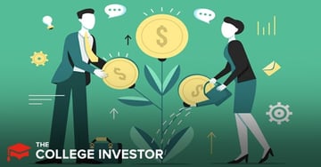 This illustrative image depicts two professionals, a man and a woman, actively nurturing a plant with coin-shaped leaves that symbolize investment growth and income. The man on the left is placing a large gold dollar coin onto a leaf, while the woman on the right is watering another coin-leaf with a watering can, signifying active management and cultivation of investments. Above them, thought bubbles, lightbulbs, and rising arrows suggest ideas, financial planning, and increasing returns. The scene is set against a teal background, with subtle icons like a graph, an envelope, and a gear representing financial analysis, communication, and systematic processes. In the bottom left, the logo "THE COLLEGE INVESTOR" is prominently displayed, grounding the visual theme in financial education and guidance related to topics such as the Net Investment Income Tax (NIIT), capital gains, and investment income for high-income earners.