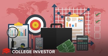 This illustrative graphic for an article reviewing HappyNest investment opportunities depicts various elements associated with financial growth and real estate investing against a red-tinted world map backdrop. In the foreground, from left to right, a magnifying glass highlights a clipboard displaying a bar chart and pie chart, symbolizing financial analysis. Next to it, a target icon with concentric red, white, and black rings represents investment goals. A black briefcase sits centrally, flanked by a smartphone showing a financial graph, and a calculator, alluding to careful financial planning. Green dollar bills are fanned out in front of the briefcase, emphasizing monetary investment. In the background, an upward-pointing blue arrow graph with data points and a grid signifies financial ascent and potential returns. The words "THE COLLEGE INVESTOR" are prominently displayed in white text in the bottom left corner, identifying the source of the content, which discusses how HappyNest enables individuals to start investing in real estate with minimal capital.