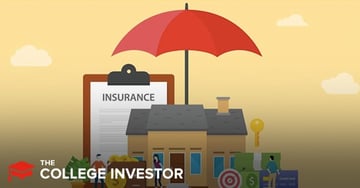 Steadily Landlord Insurance A vibrant illustration set against a warm, gradient yellow-orange sky with soft white clouds, depicting the concept of property and landlord insurance. In the foreground, a detailed, modern house with a dark grey roof and light brown walls stands prominently, symbolizing the asset being protected. Above the house, a large, bright red umbrella provides shelter, representing the protective coverage of an insurance policy. To the left of the house, a clipboard with a document titled "INSURANCE" underscores the core theme. Below this, small stylized figures, one appearing to be a real estate investor, interact with stacks of coins and dollar bills, emphasizing the financial aspects. To the right, a golden key, more stacks of money, and a target with an arrow reinforce the ideas of security, investment, and achieving financial goals. The "THE COLLEGE INVESTOR" logo is visible in the bottom left corner, linking the image to the article content about Steadily landlord insurance.