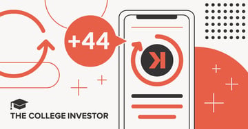 This image features a stylized graphic illustrating the concept of building credit with Kikoff, a financial technology app. On the right, a smartphone displays the Kikoff app interface, identified by its distinctive red and black circular logo with a forward-pointing arrow. A prominent red speech bubble originating from the phone shows "+44," indicating a positive increase in credit score. Various red and black abstract shapes and lines, including arrows and plus signs, are scattered across the light background, suggesting growth and connectivity. The "COLLEGE INVESTOR" text is visible at the bottom left, contextualizing the image for an article about Kikoff's credit-building products, which report to major credit bureaus like Experian, Equifax, and TransUnion.