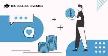CollegeInvestor_1200x628_mph_Bank_Review This image, relevant to an article discussing MPH.bank, features a minimalist illustration of financial management and customer satisfaction. On the right, a stylized person, dressed in black and white, holds a large blue coin with a dollar sign, symbolizing the act of saving or investing money. To the left, two stacks of blue coins with dollar signs represent accumulated savings, emphasizing the "savings goals" mentioned in the article about MPH.bank's helpful accounts. Above the coin stacks, a white speech bubble with three dots suggests communication or advice, while another smaller speech bubble contains a blue heart icon, signifying the "makes people happy" motto of MPH.bank. The overall color scheme is predominantly blue, black, and white, conveying a sense of trustworthiness and financial focus, while plus signs scattered in the background might represent growth or added value. The "THE COLLEGE INVESTOR" logo is visible in the upper left corner, branding the financial advice.