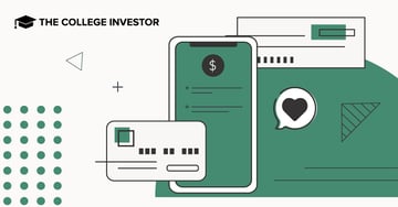 A modern, minimalist graphic representing digital banking solutions, with "THE COLLEGE INVESTOR" in the top left corner, set against a light grey background with teal accents and abstract shapes. The central focus is a white smartphone displaying a dollar sign icon, symbolizing financial transactions and mobile banking, alongside a white credit or debit card, highlighting the ease of access for Grasshopper Bank's free digital checking account. A speech bubble containing a heart icon further emphasizes customer satisfaction and the positive review of Grasshopper Bank, which offers flexible financing solutions and APIs for fintech brands.
