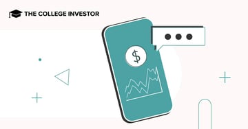 A minimalist graphic depicts a teal smartphone tilted slightly to the right, against a light background with subtle geometric shapes like triangles and crosses, reflecting the modern digital landscape of cryptocurrency. The phone's screen displays a dollar sign icon above a line graph showing an upward trend, symbolizing financial growth and investment in crypto assets. A speech bubble emanating from the top right of the phone contains three dots, suggesting ongoing communication, transactions, or notifications related to the Currency.com platform. In the top left corner, the text "THE COLLEGE INVESTOR" is visible, branding the image for the article on cryptocurrency investing and the detailed review of Currency.com, emphasizing the platform's role in buying cryptos online and building a crypto portfolio.