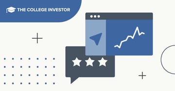 An illustrative graphic for The College Investor website, featuring digital elements that represent financial tracking and reviews for the Copilot money app. The image displays a dark blue browser window on the right with a white line graph showing an upward trend, indicating positive financial growth or investment review. To the left and slightly below, a dark grey speech bubble icon contains three white stars, signifying a user rating or positive review for the budgeting tool. A light blue pointer icon is visible within a smaller section of the browser window. The background is a light cream color with a stylized dark blue shape in the upper left corner containing the text "THE COLLEGE INVESTOR," and additional plus signs and dot patterns further emphasize the digital and analytical theme related to personal finance.