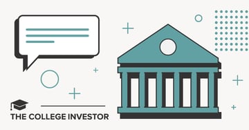 An illustration with a light background features a large, teal-colored bank building on the right with a triangular roof, a circular window, and six black columns, representing traditional banking institutions. To the left, a white speech bubble with a thick black outline contains three teal horizontal lines, suggesting a conversation or message related to financial advice. Several small teal plus signs and circles are scattered across the image, adding to the graphic design. The bottom left corner partially displays the text "COLLEGE INVESTOR" in black capital letters. This image visually introduces an article discussing the advantages of fintech companies like Chime over traditional big banks, particularly highlighting their fee structures and modern banking solutions for young people.