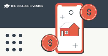 CollegeInvestor_1200x628_Foyer_Home_Savings_App_Review This illustrative banner image for The College Investor website features a smartphone displaying a house icon, symbolizing home equity investments, specifically referencing the Splitero platform discussed in the article. The phone, outlined in orange-red, shows a simple line drawing of a red-roofed house with a window and door, centered on a light background. Two large, round, orange-red coins with white dollar signs flank the phone, with one slightly overlapping the top right corner and the other positioned near the bottom left, representing cash or financial transactions related to accessing home equity. The background is split horizontally, with a dark blue upper section featuring "THE COLLEGE INVESTOR" text and a white graduation cap logo, and a light gray bottom section with a grid of nine dark blue dots on the left. The overall image visually communicates the concept of using a financial app like Splitero to leverage home equity without a traditional loan or mortgage.