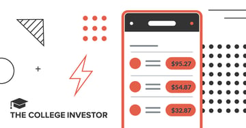 This image features a modern, clean graphic illustrating the user interface of a mobile banking app, highly relevant to a review of Brilliant Bank's online-only services. On the right, a smartphone screen displays a list of transactions with varying dollar amounts, specifically $95.27, $54.87, and $32.87, indicating a focus on financial management through a digital platform. The screen's dark top bar and simple grey lines for transaction details suggest an intuitive design, which aligns with the article's discussion of managing accounts via a mobile app on iOS and Android. To the left, a prominent red lightning bolt symbolizes speed and efficiency, possibly referencing the rapid nature of online banking or the "Brilliant" aspect of the bank's name, while abstract geometric shapes and red dots create a dynamic, energetic background for "COLLEGE INVESTOR" text, reinforcing the target audience.