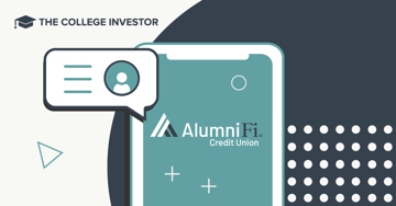 A digital illustration serves as a social media image for an article reviewing AlumniFI Credit Union. The central focus is a light teal smartphone displaying the AlumniFI Credit Union logo, featuring a stylized "A" in white and grey, with "AlumniFi." in bold white text and "Credit Union" in smaller white text below. The phone screen also shows abstract white plus signs and circles, suggesting features or services. To the left, a speech bubble icon contains a user profile silhouette and three horizontal lines, representing communication or messaging within an app. The background is divided diagonally, with the upper left section in dark blue featuring the white text "THE COLLEGE INVESTOR," and the lower right section in a lighter blue-grey with a pattern of white dots, hinting at a digital or financial theme.