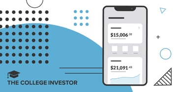 This image displays a sleek smartphone screen showcasing the Crew Family Banking app interface, set against a dynamic background of abstract black and blue geometric shapes. The app on the phone screen features two distinct financial account balances, prominently displaying "$15,006.32" and "$21,091.43," indicating high-yield checking and savings for families. A small graph below the second balance suggests growth over time, highlighting the attractive APYs mentioned in the review. The stylized design with dots and lines reinforces the modern fintech nature of Crew, a platform designed to make family banking easier and help parents teach their children about money management. The "COLLEGE INVESTOR" text in the bottom left corner marks the source of this review, which offers a 3-month APY boost promotion.