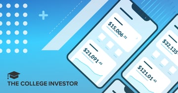 This image, featured in a review by The College Investor, displays a close-up of a modern smartphone interface showcasing the Origin financial management app. The screen prominently features three white rectangular cards with rounded corners, each displaying a dollar amount in bold black text: "$15,006.32," "$21,091.43," and "$121.01.43," representing various financial metrics like budget tracking, net worth, or savings accounts within the app. A subtle light blue line graph is visible at the bottom of each card, indicating financial trends. The background is a vibrant gradient of light to medium blue, with abstract white design elements including dots, plus signs, and diagonal lines, suggesting growth and financial tools. The "COLLEGE INVESTOR" logo is partially visible in the bottom left corner, reinforcing the article's source and its focus on financial well-being for college investors using platforms like Origin for budgeting, spending, and investing.