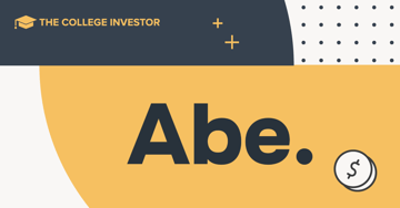 CollegeInvestor_1200x628_Abe_Student_Loans_Review A two-tone graphic featuring the text "THE COLLEGE INVESTOR" in white letters on a dark gray background in the upper left corner. The rest of the background is a solid mustard yellow, with a small white curved line appearing on the lower left and a dark gray curved line appearing on the upper right. The main focus of the image is the Abe Student Loans logo, prominently displayed in the center. The logo consists of the word "Abe" in a bold, dark gray sans-serif font, with a dark gray graduation cap replacing the top of the "A". The design includes scattered small plus signs and a grid of dots in dark gray and white, along with a partial outline of a coin with a dollar sign on the far right. This image serves as a visual representation for the article discussing Abe Student Loans, detailing key features, strengths, and weaknesses of their private student loan offerings for undergraduate and graduate students.
