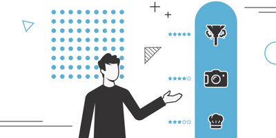 A dynamic infographic illustration titled "The College Investor: Best Side Hustles" features a stylized figure of a man in a black shirt on the lower center, gesturing with an open hand towards a list of icons on a light blue panel on the right. The background is a mix of white and light blue, adorned with scattered light blue polka dots and minimalist black line art shapes like plus signs and triangles. The man's gesture highlights three black icons arranged vertically: a funnel, a camera, and a chef's hat, each accompanied by five blue stars, suggesting high ratings for these side hustle categories. This visual aims to help readers identify worthwhile side hustles with high earning potential, good scheduling flexibility, and growth opportunities, tying into the article's focus on effective ways to earn extra money to achieve financial goals like paying off student loans or saving for retirement.