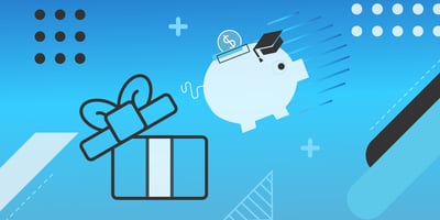 Vector illustration set against a blue background featuring a wrapped gift box on the left and a flying piggy bank wearing a graduation cap on the right. The piggy bank, symbolizing education savings, has a coin with a dollar sign being deposited into it. This graphic represents the concept of gifting money to a 529 plan, highlighting how friends and family can contribute to a child's future college education through direct deposits, crowdfunding platforms, or estate planning strategies. Source: The College Investor