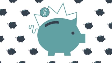 A stylized, light teal piggy bank, prominently centered, with a dollar coin icon featuring a white dollar sign on a teal background being deposited into its back slot. Above the piggy bank, a jagged, light teal line resembling a financial graph or a burst extends upwards. Surrounding the main piggy bank are multiple smaller, dark teal piggy banks, some partially visible at the edges of the frame, all set against a clean white background. This image visually represents the concept of saving money and investing, particularly relevant to discussions about Jumbo CD rates, certificates of deposit, and interest earnings, illustrating the growth of cash stored in a safe account.