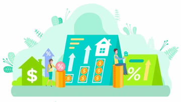 This illustrative graphic depicts various financial elements against a soft green and white background, symbolizing growth and investment. On the left, a green house icon features a prominent dollar sign, representing real estate investment, with an upward arrow and percentage sign indicating increasing value. A woman stands beside a stack of coins topped with a pink circle containing a percentage symbol, suggesting interest or returns. In the center, a large blue chart shows several upward arrows and house icons, further emphasizing property value appreciation. To the right, a man sits on a stack of gold coins, holding a small house, with a large green upward-pointing arrow and percentage sign signifying overall market or investment growth, relevant to discussions on avoiding wash sales and understanding tax-loss harvesting for investors.