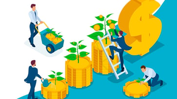An isometric illustration depicts various individuals engaged in financial growth activities, symbolizing income share agreements (ISAs) and investment. In the foreground, a man in a blue suit and white shirt with a tie pushes a wheelbarrow filled with golden coin stacks, each topped with a small green plant, towards larger stacks of coins. Another man, also in a blue suit, climbs a silver ladder to reach a large stack of coins, from which a green plant with golden coin-like leaves sprouts. To the left, a person wearing a blue suit waters a plant growing from a stack of coins. In the bottom right corner, another individual tends to a similar plant growing from a coin stack. In the background, partially visible, are large golden dollar signs, reinforcing the financial theme. The image visually represents the concept of investing in education through ISAs and the potential for future financial returns.