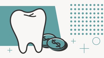 This illustrative image features a large, stylized white tooth with a dark outline, symbolizing dental education and a future in dentistry. Beside the tooth are two teal-colored coins with dollar signs, representing the significant financial investment required for dental school, as highlighted by the average student loan debt of over $300,000 for graduating dental students. The background is a light gray with various teal geometric shapes, including a large teal rectangle behind the tooth, scattered circles, and a grid of dots, along with white plus signs and circles that add a modern, clean aesthetic. This visual reinforces the article's focus on securing the best dental school student loans, emphasizing key factors like interest rates, loan terms, and borrower protections.
