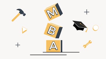 An illustrative image depicts a large, dark grey building with prominent columns, resembling a bank or financial institution, positioned on a solid orange geometric shape. Above the building, a white square with a bold orange dollar sign signifies money or financial transactions. To the left, a black graduation cap with a tassel symbolizes education, specifically MBA student loans. The background features various abstract shapes, including an orange semi-circle, scattered black and orange dots, thin black lines, an outline of a speech bubble with a question mark inside, and a geometric triangle outline, all contributing to a modern, clean design. This visual effectively represents the core topic of the article: refinancing MBA student loans and the important considerations, such as interest rates, private loans, and federal loan protections, that borrowers should evaluate before making financial decisions.