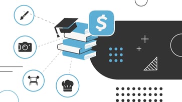 A graphic illustrating student loans for career training and trade schools features a stack of light blue and white books topped with a graduation cap on the right side of a dark gray, rounded rectangular shape. Above the books, a light blue square with a white dollar sign symbolizes the financial aspect of student loans. Dashed lines extend from the graduation cap to five circular icons on the right, representing various trade school paths: an artist's brush, a camera, a chef's hat, and a barbell, all in black within light blue circles, signifying different career training options such as culinary arts or cosmetology. The overall image, with its clean lines and minimalist design, effectively communicates the article's focus on securing the best student loans for trade school and career training, highlighting available private student loan opportunities when federal options are not accessible.