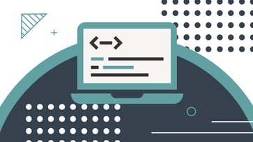 This image for "The College Investor" article on "Best Coding Bootcamp Loans" features a stylized illustration of an open laptop in the center, displaying lines of code with an arrow bracket icon, symbolizing the technical training programs discussed. The laptop is rendered in a dark teal color, set against a two-tone background of light teal and dark blue, with geometric patterns including triangles, plus signs, and circular dots, conveying a modern and educational theme. The image visually represents the pursuit of a higher-paying job through coding bootcamps and the financial solutions, like private loans, offered by lenders such as Ascent and Climb Credit, to cover tuition and living expenses. The composition emphasizes the digital nature of coding education and the accessible funding options available.