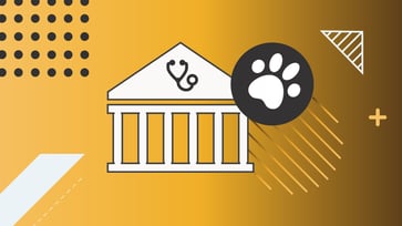 Vector illustration representing veterinary school financial aid and student loans. The graphic features a white university building icon with a stethoscope on the pediment, accompanied by a black circle containing a white paw print. The design is set against a golden-yellow and white background with geometric patterns, symbolizing the specialized educational path and financing options for aspiring veterinarians. Source: The College Investor