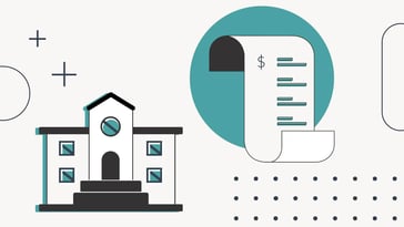A minimalist graphic illustration depicts a white university building with dark outlines and blue window accents on the left, symbolizing higher education and institutional loans. To its right, a large unfurling scroll, also outlined in dark blue, features a dollar sign at the top and several lines of text, representing a bill, financial aid award, or loan document. This visual emphasizes the connection between colleges and financial obligations, such as university loans or private student loans. The background is a light, speckled pattern with a large teal circle behind the scroll and a plus sign near the university, reinforcing the article's focus on understanding and comparing different types of student loans, including those offered directly by colleges and universities.