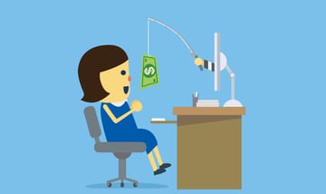 College Scams A cartoon illustration depicts a young female student, characterized by her brown bob haircut and blue dress, seated at a desk on the left, looking eagerly towards a computer monitor on the right. She has a wide, excited smile on her face and her hands are clasped together, conveying anticipation. A fishing rod extends from the computer screen, held by a striped, gloved hand reaching out from within the monitor, dangling a folded dollar bill as bait directly in front of the student. The desk features a stack of papers and a pen holder, suggesting a study environment. This image visually represents the article's topic of college scams, illustrating how students can be enticed by fraudulent offers, such as scholarship scams, financial aid scams, or student loan scams, that promise money or benefits in exchange for an upfront fee or personal information, ultimately leading to identity theft or financial loss.