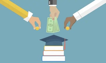 This illustrative image depicts three sets of hands, each representing different parties involved in student loan refinancing. A central hand from above, wearing a suit cuff, holds and disperses several US dollar bills, symbolizing a lender or financial institution providing new funds. Two other hands, one with a yellow sleeve and another with a white sleeve, are shown pushing gold coins towards the center, representing individuals making payments or investments. Below these hands, a stack of three books with a graduation cap resting on top clearly signifies education and student loans. The overall scene visually communicates the process of student loan refinancing, where a new loan replaces existing debt, as discussed in the article "Best Student Loan Refinance Companies" by The College Investor, whose logo is prominently displayed in the bottom left corner.