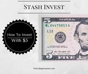 This image features a close-up of a United States five-dollar bill, prominently displaying Abraham Lincoln's portrait on the right side and the "5" denomination in various locations. To the left, a bold black circular badge with a jagged edge contains the white text "How To Invest With $5," drawing attention to the article's core theme of accessible investing. The top of the image has the faded text "STASH INVEST" in black, tying into the review of the Stash app which allows users to invest in fractional shares with minimal amounts. The visual combination of the five-dollar bill and the "How To Invest With $5" message effectively illustrates how Stash lowers investment barriers, making it easy for individuals to get started with very little money.
