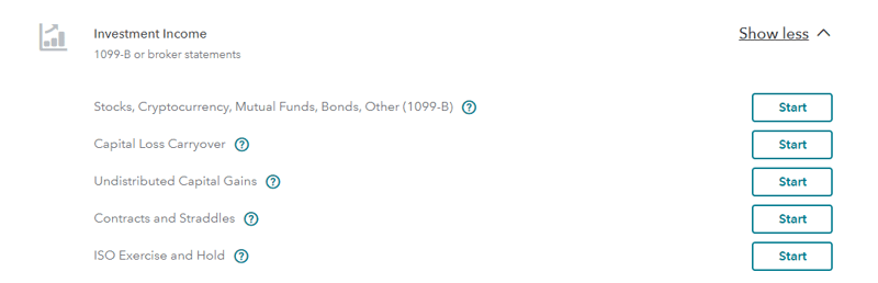 Screennshot of TurboTax Investment Section