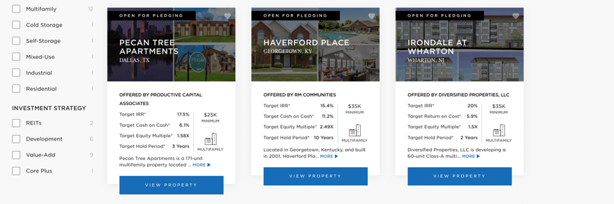 Screeenshot of RealtyMogul's offerings that are open for pledging RealtyMogul Review: real estate listings