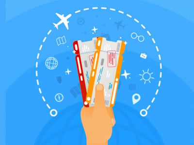 This image features a vibrant blue background, illustrating the concept of airline mileage malls and how consumers can earn miles for everyday shopping. A hand holds two airline boarding passes, one predominantly red and the other orange, signifying travel and rewards. Encircling the boarding passes is a dashed white line, forming a circular path that includes various white icons representing aspects of travel and shopping. These icons include airplanes, a globe, a map, sunglasses, a briefcase, a sun, and location pins, alluding to the destinations and purchases possible through airline mileage programs. The bottom left corner displays "THE COLLEGE INVESTOR" in white text, indicating the source of the article and its focus on financial strategies, such as maximizing airline miles.