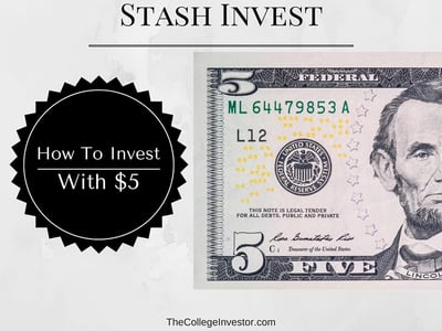 This image features a close-up of a United States five-dollar bill, prominently displaying Abraham Lincoln's portrait on the right side and the "5" denomination in various locations. To the left, a bold black circular badge with a jagged edge contains the white text "How To Invest With $5," drawing attention to the article's core theme of accessible investing. The top of the image has the faded text "STASH INVEST" in black, tying into the review of the Stash app which allows users to invest in fractional shares with minimal amounts. The visual combination of the five-dollar bill and the "How To Invest With $5" message effectively illustrates how Stash lowers investment barriers, making it easy for individuals to get started with very little money.